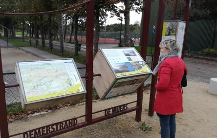 Vrouw kijkt naar de infoborden aan het Demerstrand